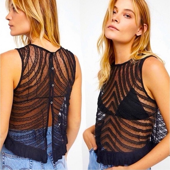 Free People Tops - Free People She's A Doll Top Tank Top Back Buttons Black Lace Ruffle Hem Size S
